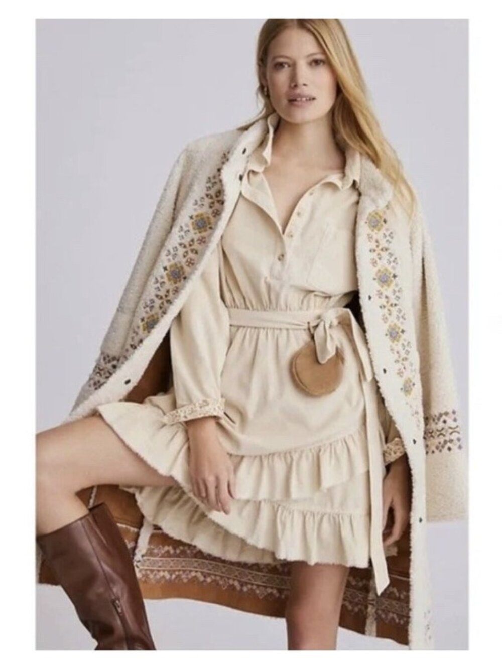 Anthropologie Pilcro Corduroy Belted Ruffle Mini Dress Cream Yellow Size Medium